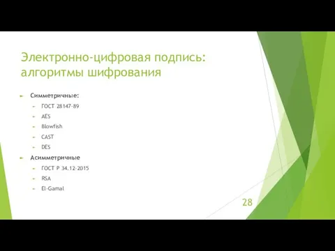 Электронно-цифровая подпись: алгоритмы шифрования Симметричные: ГОСТ 28147-89 AES Blowfish CAST DES Асимметричные