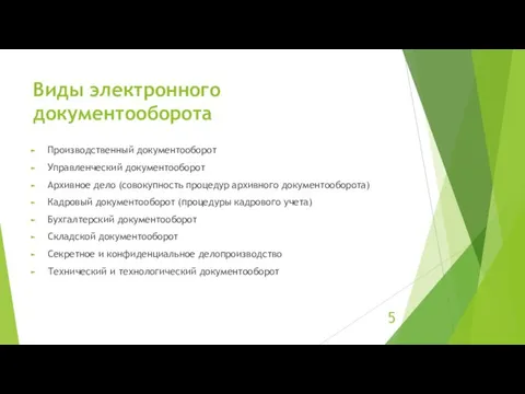 Виды электронного документооборота Производственный документооборот Управленческий документооборот Архивное дело (совокупность процедур архивного