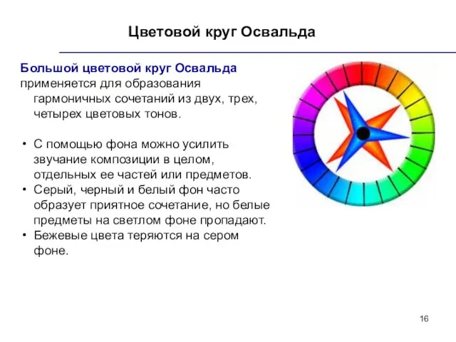 Цветовой круг Освальда Большой цветовой круг Освальда применяется для образования гармоничных сочетаний