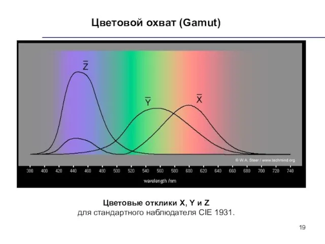 Цветовой охват (Gamut) Цветовые отклики X, Y и Z для стандартного наблюдателя CIE 1931.