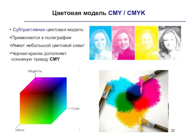 Цветовая модель CMY / CMYK Субтрактивная цветовая модель Применяется в полиграфии Имеет