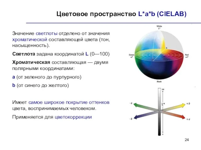 Цветовое пространство L*a*b (CIELAB) Значение светлоты отделено от значения хроматической составляющей цвета