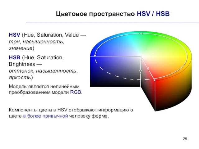 Цветовое пространство HSV / HSB HSV (Hue, Saturation, Value — тон, насыщенность,