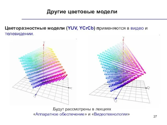 Другие цветовые модели Цветоразностные модели (YUV, YCrCb) применяются в видео и телевидении.