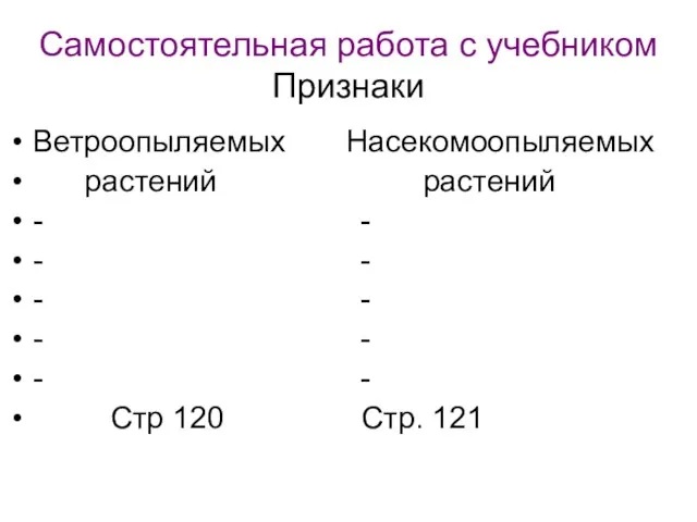 Самостоятельная работа с учебником Признаки Ветроопыляемых Насекомоопыляемых растений растений - - -