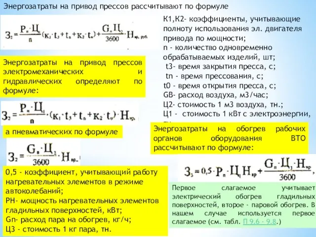 Энергозатраты на привод прессов рассчитывают по формуле К1,К2- коэффициенты, учитывающие полноту использования