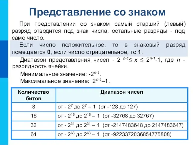 Представление со знаком При представлении со знаком самый старший (левый) разряд отводится