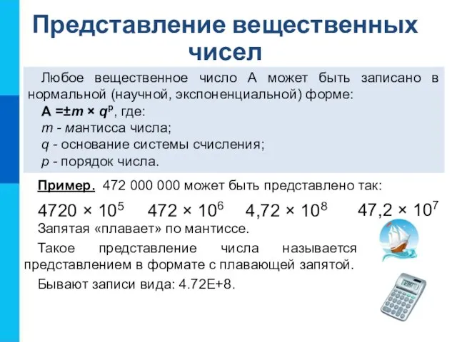 Представление вещественных чисел Любое вещественное число А может быть записано в нормальной