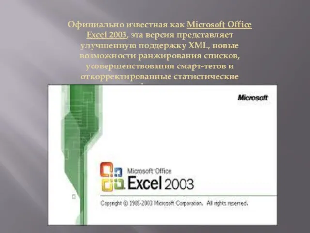 Официально известная как Microsoft Office Excel 2003, эта версия представляет улучшенную поддержку