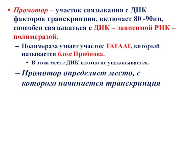 Промотор – участок связывания с ДНК факторов транскрипции, включает 80 -90нп, способен