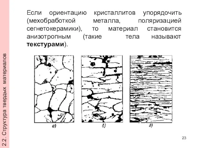 Если ориентацию кристаллитов упорядочить (мехобработкой металла, поляризацией сегнетокерамики), то материал становится анизотропным