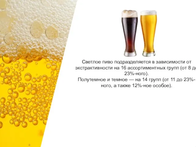 Светлое пиво подразделяется в зависимости от экстрактивности на 16 ассортиментных групп (от