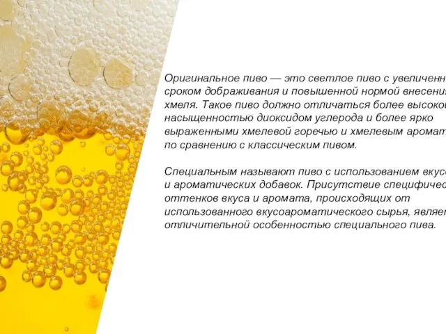 Оригинальное пиво — это светлое пиво с увеличенным сроком дображивания и повышенной