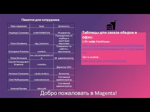 Памятка для сотрудника Добро пожаловать в Magenta! Таблицы для заказа обедов в