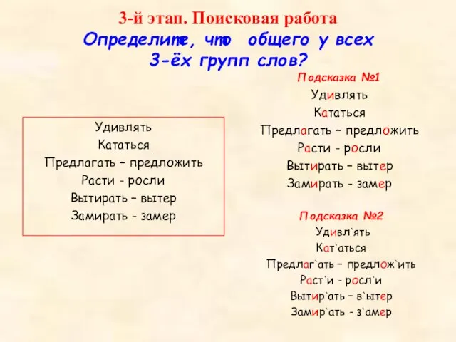 3-й этап. Поисковая работа Определите, что общего у всех 3-ёх групп слов?