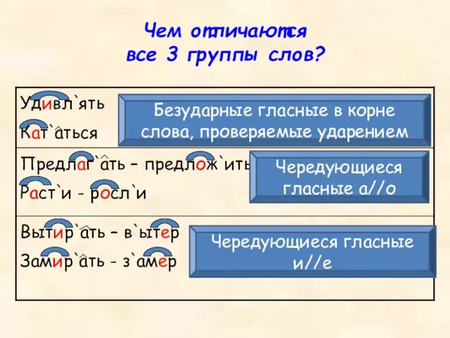 Чем отличаются все 3 группы слов? Безударные гласные в корне слова, проверяемые