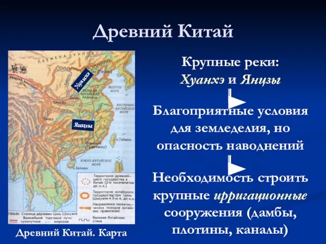 Древний Китай Древний Китай. Карта Крупные реки: Хуанхэ и Янцзы Благоприятные условия