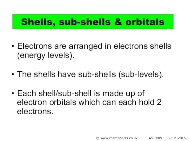 Electrons are arranged in electrons shells (energy levels). The shells have sub-shells