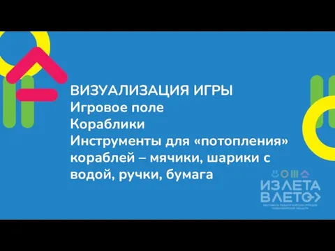 ВИЗУАЛИЗАЦИЯ ИГРЫ Игровое поле Кораблики Инструменты для «потопления» кораблей – мячики, шарики с водой, ручки, бумага