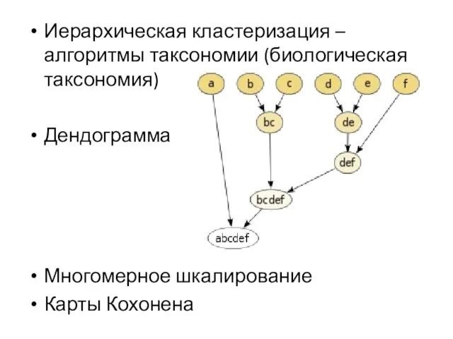 Иерархическая кластеризация – алгоритмы таксономии (биологическая таксономия) Дендограмма Многомерное шкалирование Карты Кохонена