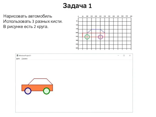 Задача 1 Нарисовать автомобиль Использовать 3 разных кисти. В рисунке есть 2 круга.