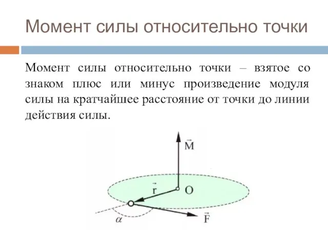 Момент силы относительно точки Момент силы относительно точки – взятое со знаком