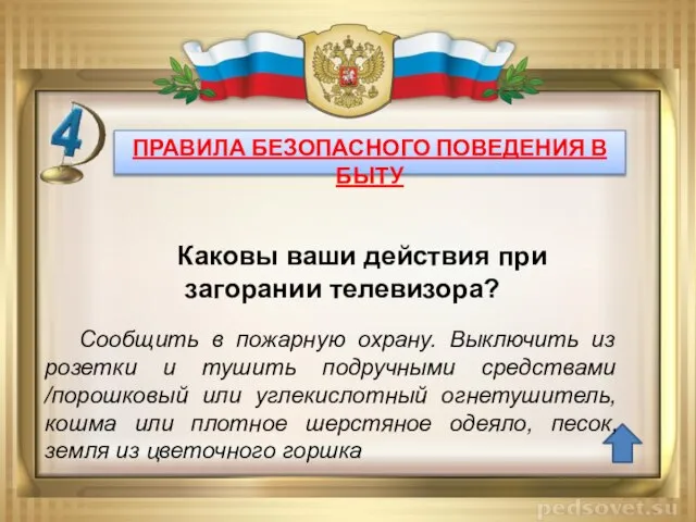 ПРАВИЛА БЕЗОПАСНОГО ПОВЕДЕНИЯ В БЫТУ Сообщить в пожарную охрану. Выключить из розетки