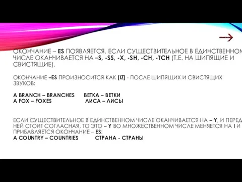 ОКОНЧАНИЕ – ES ПОЯВЛЯЕТСЯ, ЕСЛИ СУЩЕСТВИТЕЛЬНОЕ В ЕДИНСТВЕННОМ ЧИСЛЕ ОКАНЧИВАЕТСЯ НА –S,