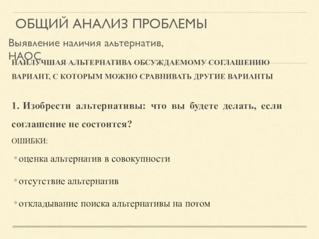 ОБЩИЙ АНАЛИЗ ПРОБЛЕМЫ Выявление наличия альтернатив, НАОС НАИЛУЧШАЯ АЛЬТЕРНАТИВА ОБСУЖДАЕМОМУ СОГЛАШЕНИЮ ВАРИАНТ,