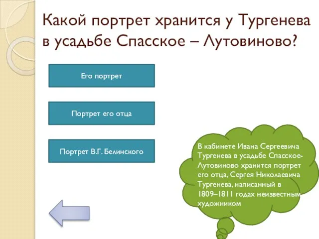 Какой портрет хранится у Тургенева в усадьбе Спасское – Лутовиново? В кабинете