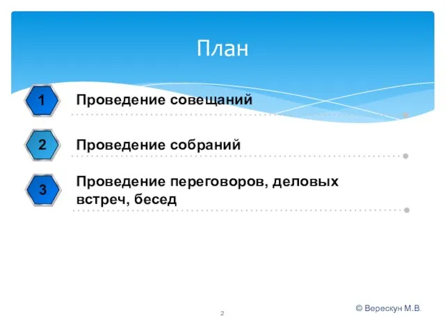 © Верескун М.В. План 1 Проведение собраний Проведение переговоров, деловых встреч, бесед Проведение совещаний