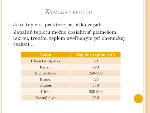 Zápalná teplota: Je to teplota, pri ktorej sa látka zapáli. Zápalnú teplotu