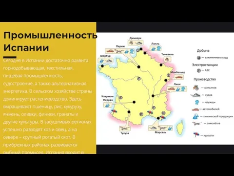 Сегодня в Испании достаточно развита горнодобывающая, текстильная, пищевая промышленность, судостроение, а также