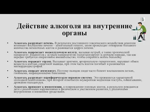 Действие алкоголя на внутренние органы Алкоголь разрушает печень. В результате постоянного токсического