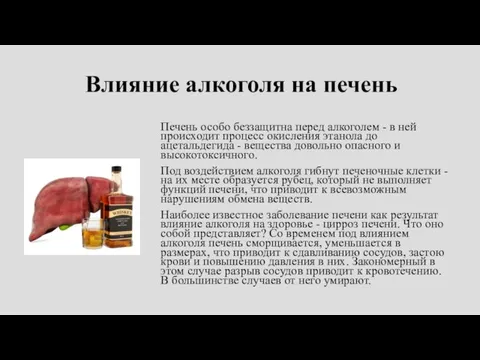 Влияние алкоголя на печень Печень особо беззащитна перед алкоголем - в ней