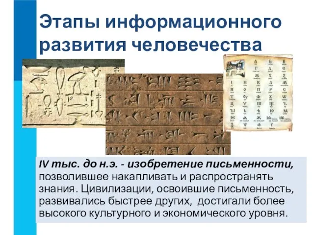 IV тыс. до н.э. - изобретение письменности, позволившее накапливать и распространять знания.