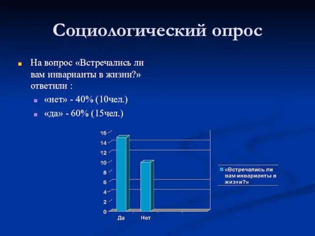 Социологический опрос На вопрос «Встречались ли вам инварианты в жизни?» ответили :