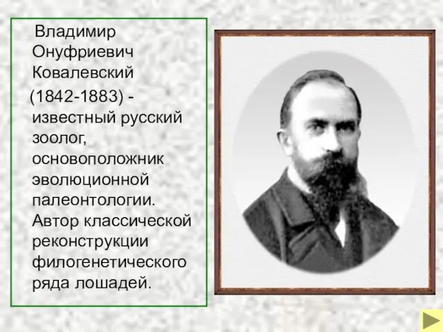 Владимир Онуфриевич Ковалевский (1842-1883) - известный русский зоолог, основоположник эволюционной палеонтологии. Автор