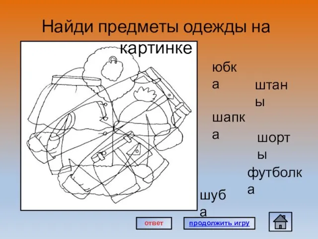 юбка штаны шапка шорты футболка шуба продолжить игру ответ Найди предметы одежды на картинке