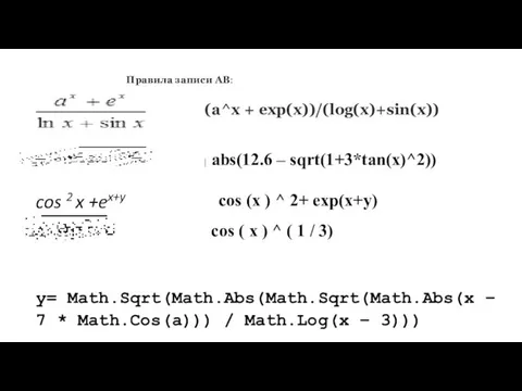 Правила записи АВ: (a^x + exp(x))/(log(x)+sin(x)) | abs(12.6 – sqrt(1+3*tan(х)^2)) cos 2