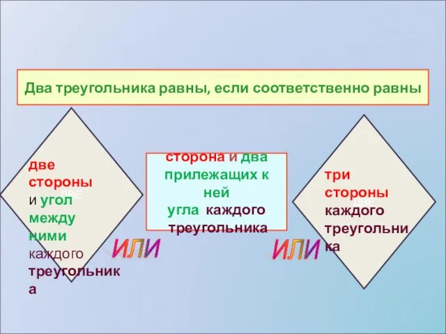 ИЛИ Два треугольника равны, если соответственно равны сторона и два прилежащих к