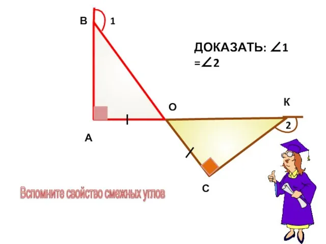 1 2 А В О С К ДОКАЗАТЬ: ∠1 =∠2 Вспомните свойство смежных углов