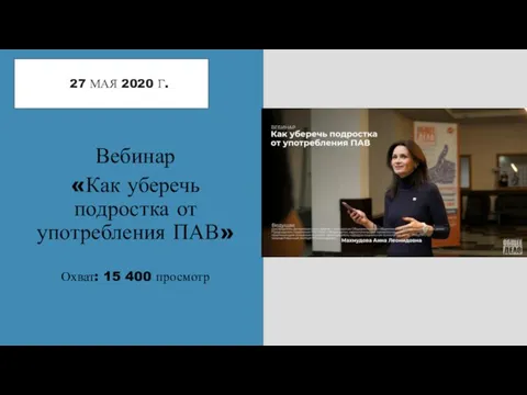 27 МАЯ 2020 Г. Вебинар «Как уберечь подростка от употребления ПАВ» Охват: 15 400 просмотр