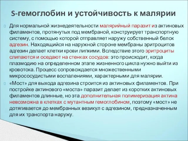 Для нормальной жизнедеятельности малярийный паразит из актиновых филаментов, протянутых под мембраной, конструирует