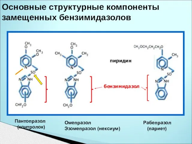 Основные структурные компоненты замещенных бензимидазолов Пантопразол (контролок) Омепразол Эзомепразол (нексиум) Рабепразол (париет) пиридин бензимидазол