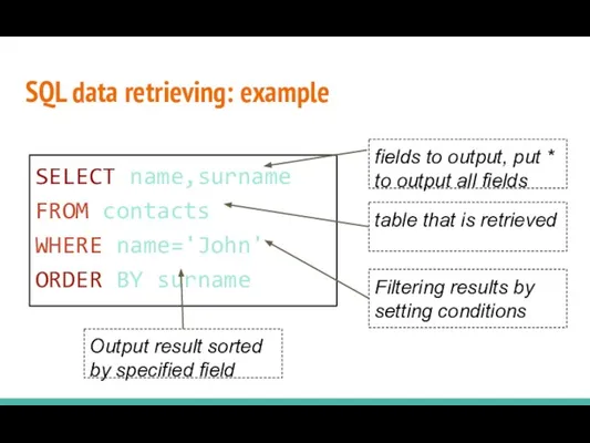 SQL data retrieving: example SELECT name,surname FROM contacts WHERE name='John' ORDER BY