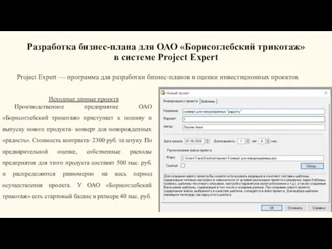 Разработка бизнес-плана для ОАО «Борисоглебский трикотаж» в системе Project Expert Project Expert
