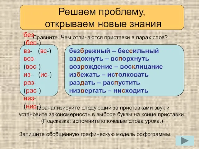 Проанализируйте следующий за приставками звук и установите закономерность в выборе буквы на