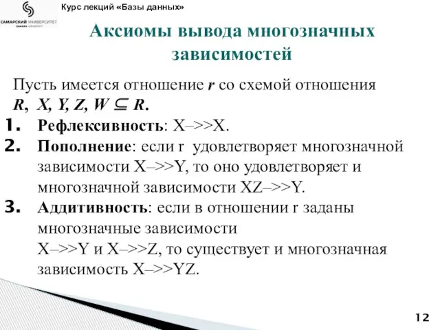 Курс лекций «Базы данных» Аксиомы вывода многозначных зависимостей Пусть имеется отношение r