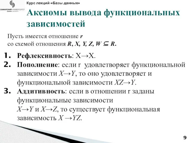 Курс лекций «Базы данных» Аксиомы вывода функциональных зависимостей Пусть имеется отношение r